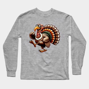 Funny Old Turkey Cartoon Thanksgiving Retro Aesthetic Long Sleeve T-Shirt